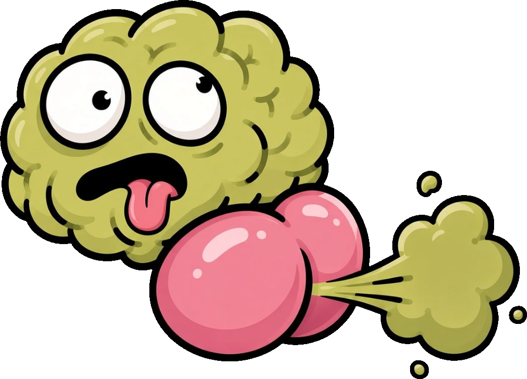 Mind Fart mascot: a green brain with googly eyes, chewing pink bubble gum, blowing a green bubble